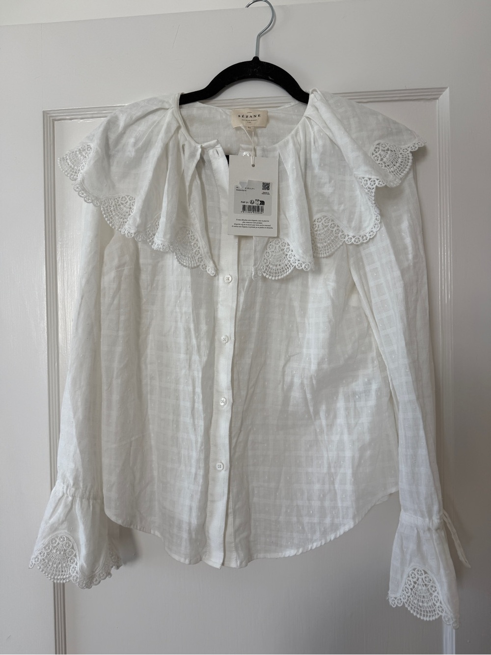 Sézane White Eyelet-Trim Button Top